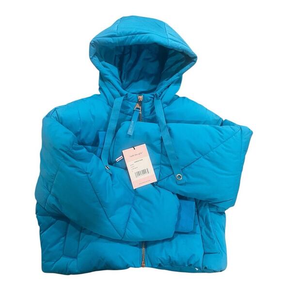 Avec Les Filles Black Cropped Puffer Jacket S Hooded Faux Down Stylish Warm NWT - Picture 2 of 9